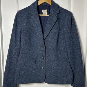 L.L.Bean Wool, Silk and Nylon Blend Navy Blue Tweed Blazer Classic Chic Style